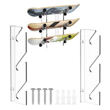 Load image into Gallery viewer, Acrylic 3 Skateboard Display Rack - Wall Mounted Horizontal Skateboard Rack