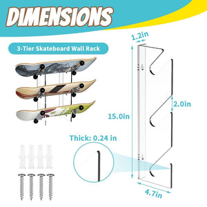 Acrylic 3 Skateboard Display Rack - Wall Mounted Horizontal Skateboard Rack